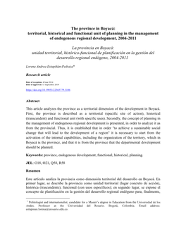 The Province in Boyacá: Territorial, Historical and Functional Unit of Planning in the Management of Endogenous Regional Development, 2004-2011