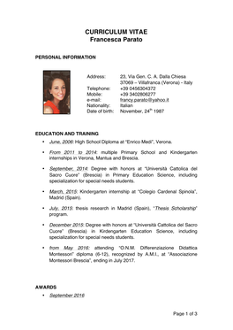 CURRICULUM VITAE Francesca Parato