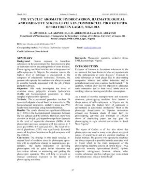 Polycyclic Aromatic Hydrocarbon, Haematological and Oxidative Stress Levels in Commercial Photocopier Operators in Lagos, Nigeria