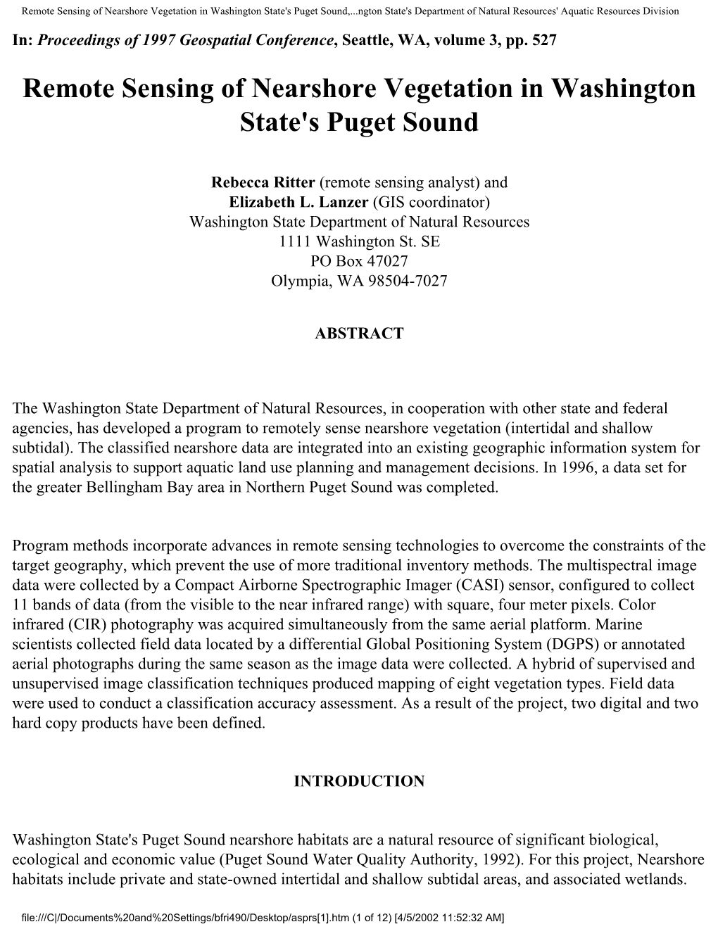 Remote Sensing of Nearshore Vegetation in Washington State's