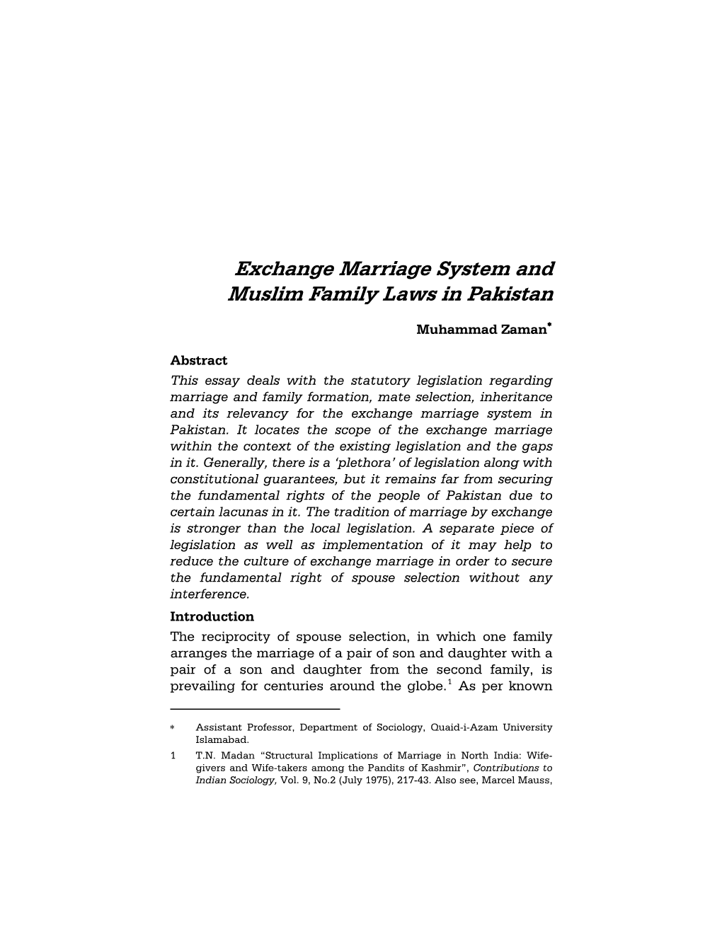 Exchange Marriage System and Muslim Family Laws in Pakistan