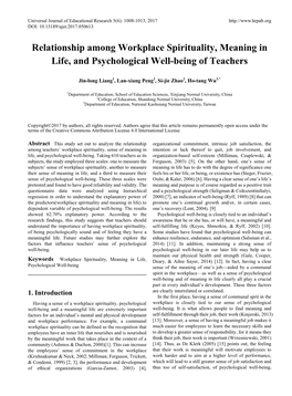 Relationship Among Workplace Spirituality, Meaning in Life, and Psychological Well-Being of Teachers