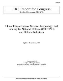 Commission of Science, Technology, and Industry for National Defense (COSTIND) and Defense Industries