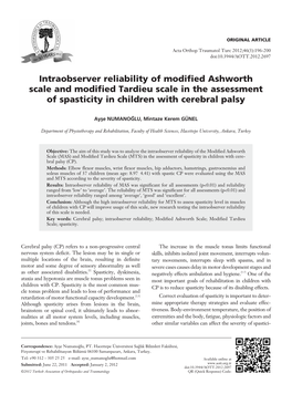 Intraobserver Reliability of Modified Ashworth Scale and Modified Tardieu Scale in the Assessment of Spasticity in Children with Cerebral Palsy
