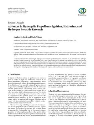 Advances in Hypergolic Propellants: Ignition, Hydrazine, and Hydrogen Peroxide Research