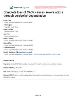 Complete Loss of CASK Causes Severe Ataxia Through Cerebellar Degeneration