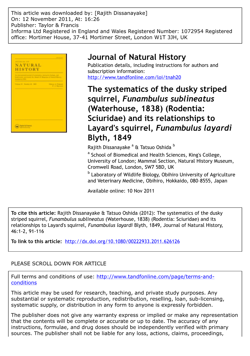 Journal of Natural History the Systematics of the Dusky Striped Squirrel, Funambulus Sublineatus