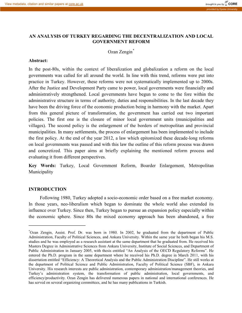 An Analysis of Turkey Regarding the Decentralization and Local Government Reform