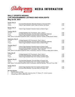 BALLY SPORTS INDIANA LIVE PROGRAMMING LISTINGS and HIGHLIGHTS May 23-30, 2021