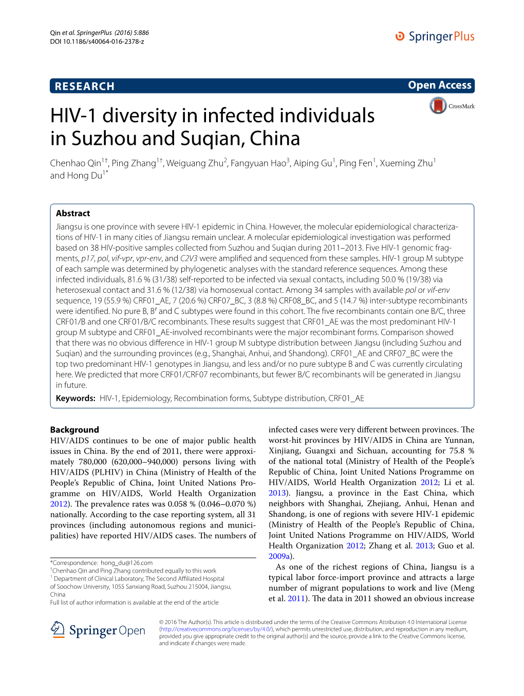 HIV-1 Diversity in Infected Individuals in Suzhou and Suqian, China