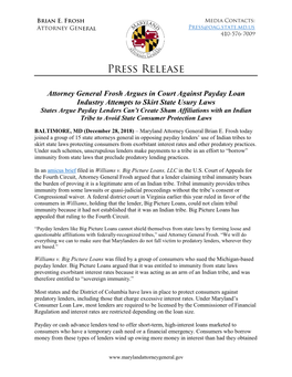 Attorney General Frosh Argues in Court Against Payday Loan Industry