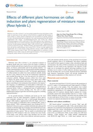 Effects of Different Plant Hormones on Callus Induction and Plant Regeneration of Miniature Roses (Rosa Hybrida L.)