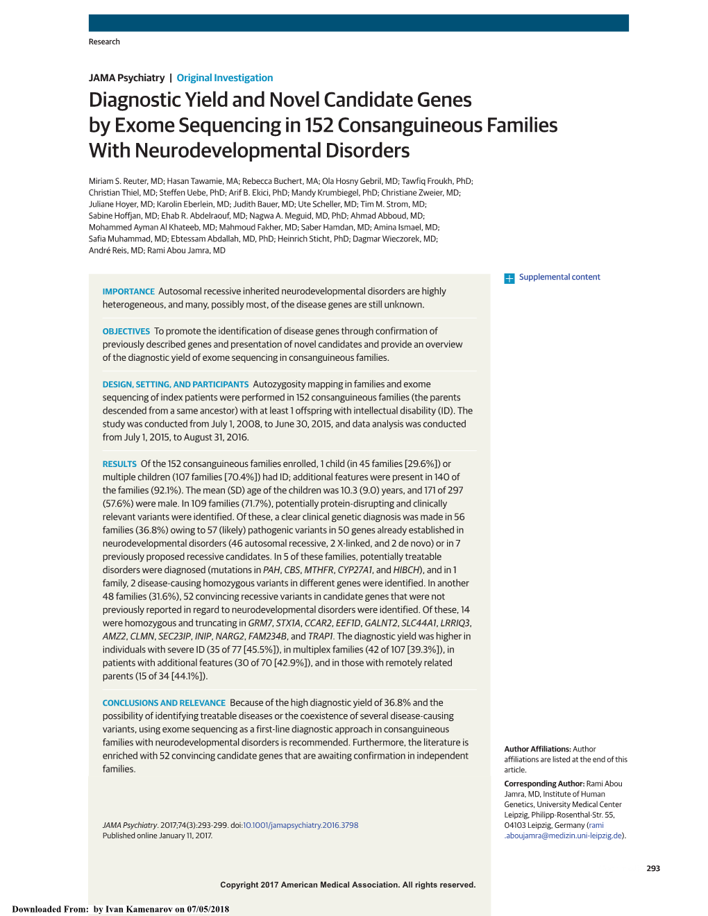 Diagnostic Yield and Novel Candidate Genes by Exome Sequencing in 152 Consanguineous Families with Neurodevelopmental Disorders