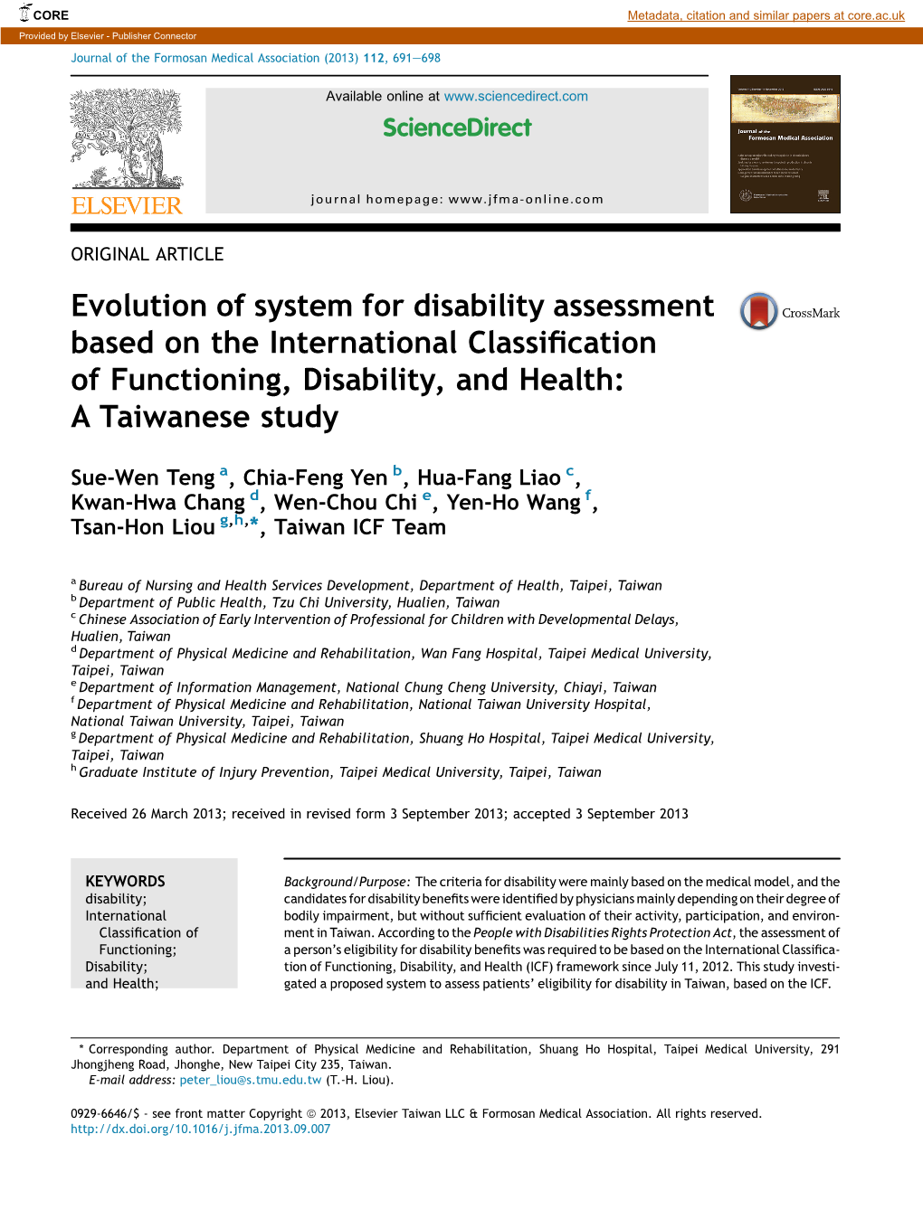 Functioning, Disability, and Health: a Taiwanese Study