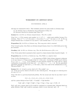 WORKSHEET on ARTINIAN RINGS All Rings Are Commutative with 1