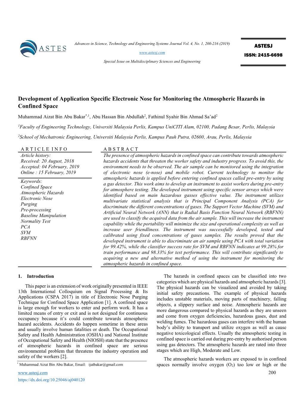 Development of Application Specific Electronic Nose for Monitoring the Atmospheric Hazards in Confined Space