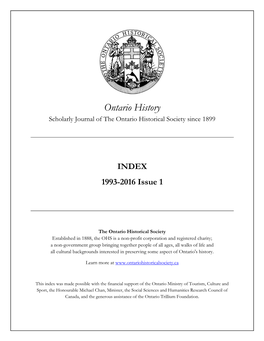 Ontario History Index from 1993 to 2016 Issue 1