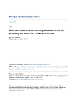 Revolutions in Local Democracy? Neighborhood Councils and Broadening Inclusion in the Local Political Process