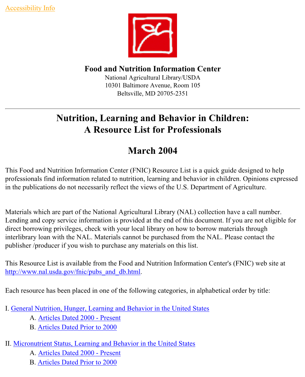 Nutrition, Learning and Behavior in Children: Accessibility Info