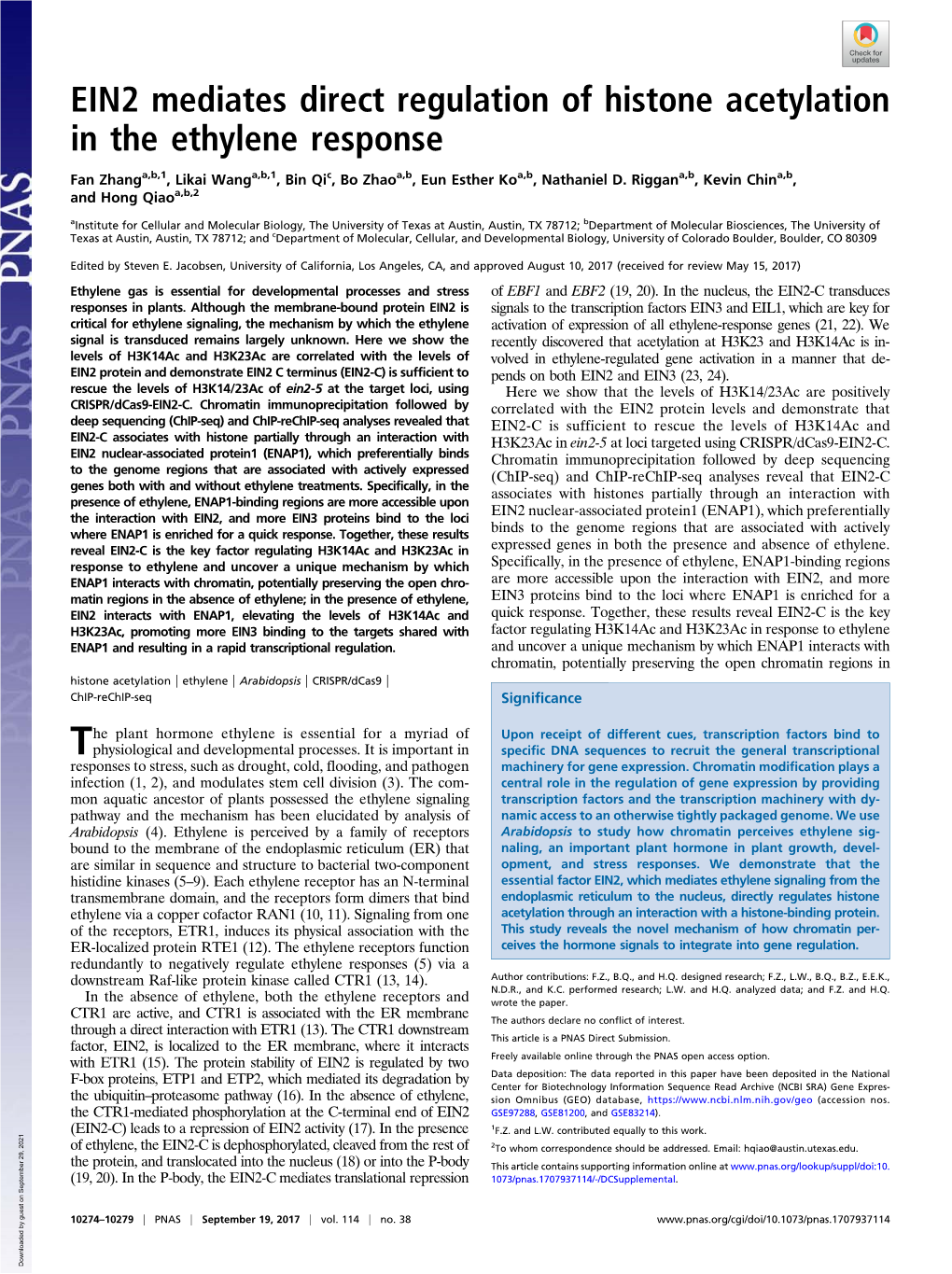 EIN2 Mediates Direct Regulation of Histone Acetylation in the Ethylene Response