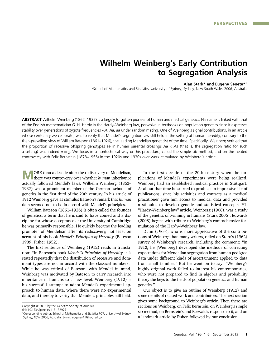 Wilhelm Weinberg's Early Contribution to Segregation Analysis