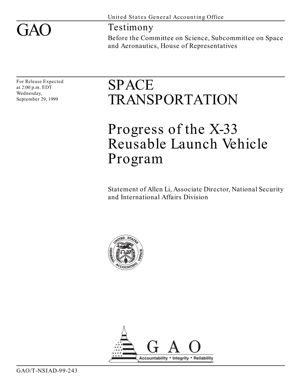 Progress of the X-33 Reusable Launch Vehicle Program