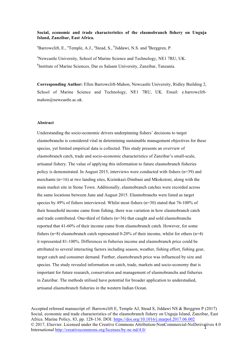 Social, Economic and Trade Characteristics of the Elasmobranch Fishery on Unguja Island, Zanzibar, East Africa