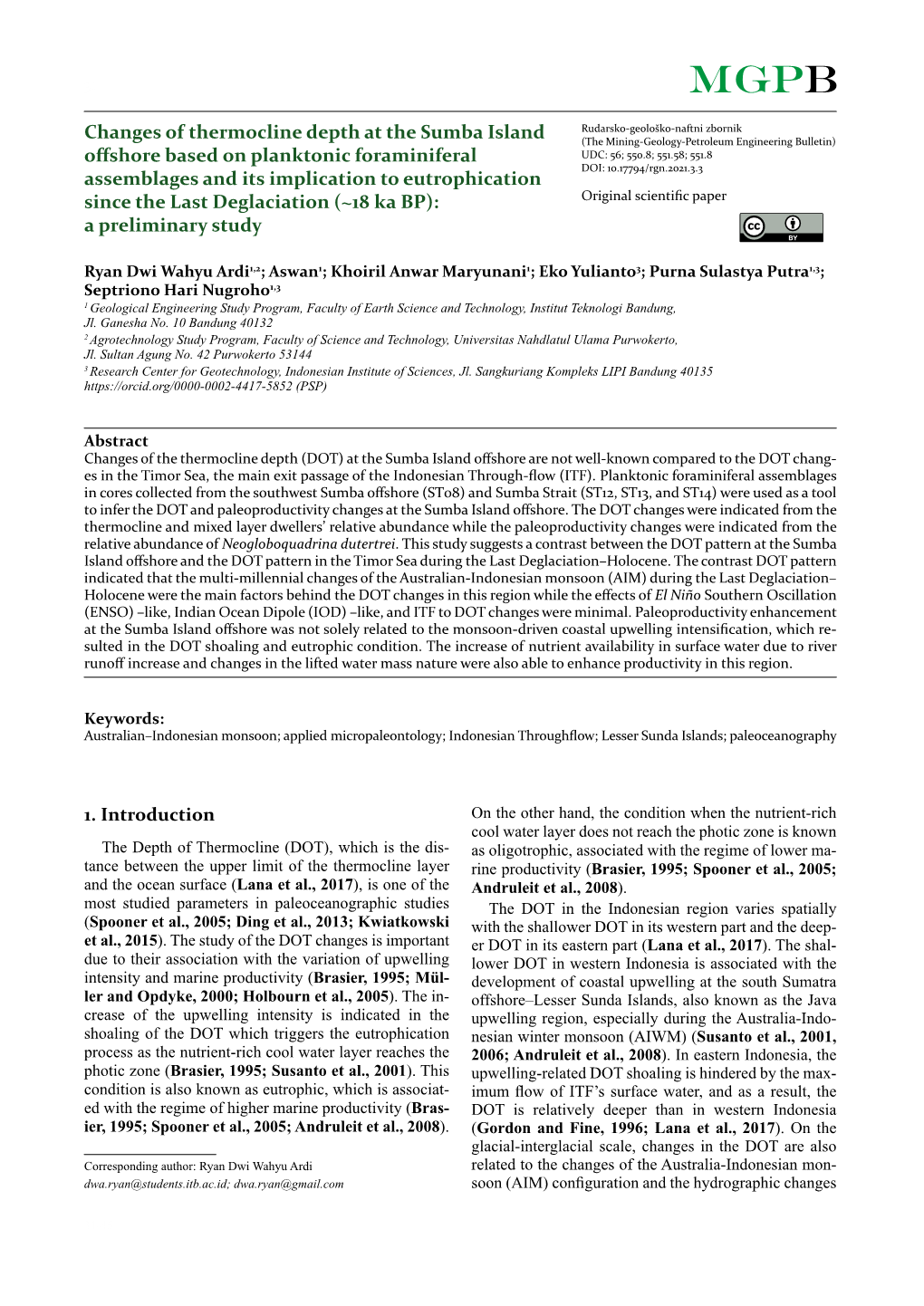 Changes of Thermocline Depth at the Sumba Island Offshore Based on Planktonic Foraminiferal Assemblages and Its Implication To