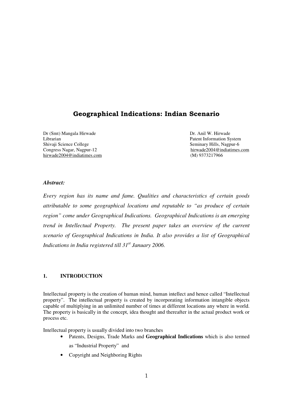 Geographical Indications: Indian Scenario