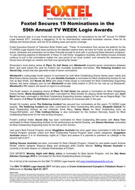 Foxtel Secures 19 Nominations in the 59Th Annual TV WEEK Logie Awards