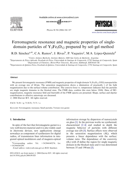 Ferromagnetic Resonance and Magnetic Properties of Single- Domain Particles of Y3fe5o12 Prepared by Sol–Gel Method R.D