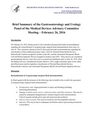 Brief Summary of the Gastroenterology and Urology Panel of the Medical Devices Advisory Committee Meeting – February 26, 2016