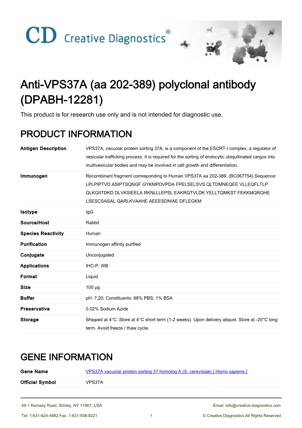 Anti-VPS37A (Aa 202-389) Polyclonal Antibody (DPABH-12281) This Product Is for Research Use Only and Is Not Intended for Diagnostic Use