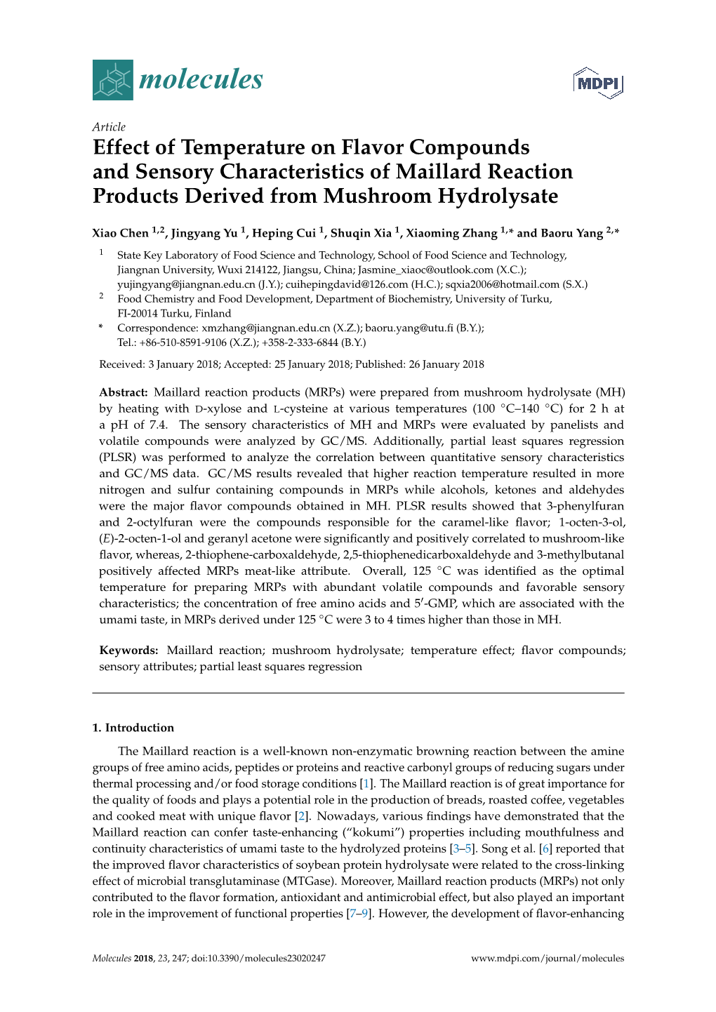 Effect of Temperature on Flavor Compounds and Sensory Characteristics of Maillard Reaction Products Derived from Mushroom Hydrolysate