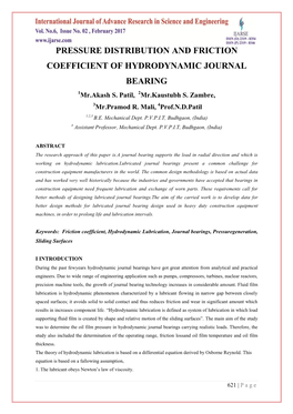 PRESSURE DISTRIBUTION and FRICTION COEFFICIENT of HYDRODYNAMIC JOURNAL BEARING 1Mr.Akash S