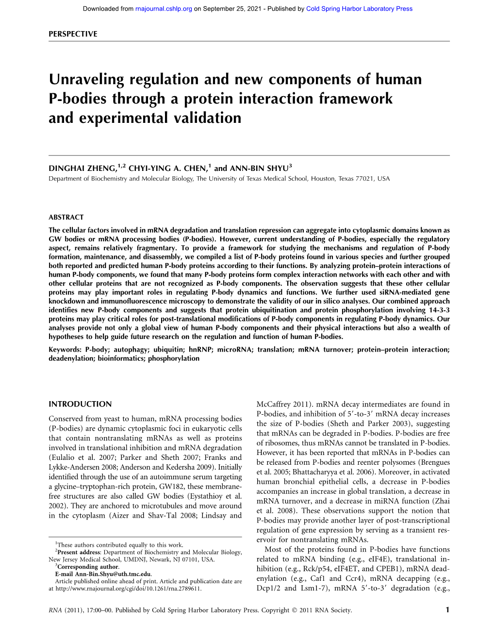 Unraveling Regulation and New Components of Human P-Bodies Through a Protein Interaction Framework and Experimental Validation