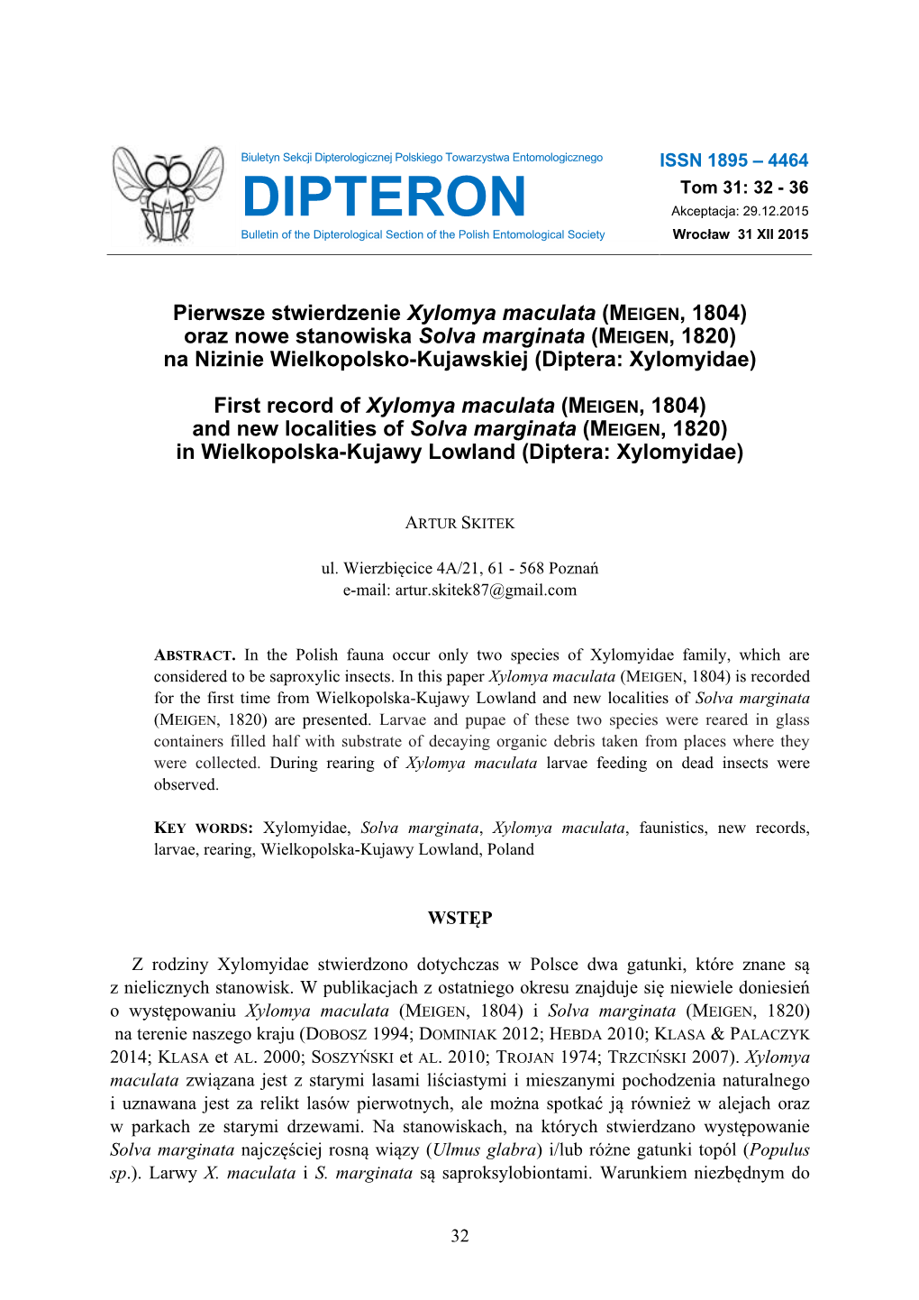 DIPTERON Bulletin of the Dipterological Section of the Polish Entomological Society Wrocław 31 XII 2015