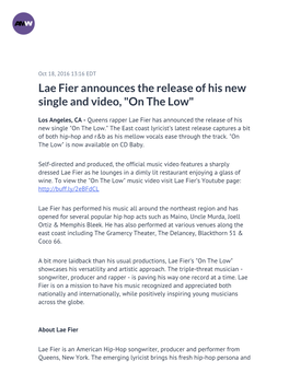 Lae Fier Announces the Release of His New Single and Video, "On the Low"