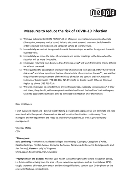Measures to Reduce the Risk of COVID-19 Infection