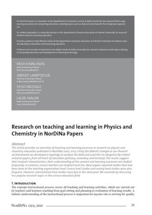 Research on Teaching and Learning in Physics and Chemistry in Nordina Papers