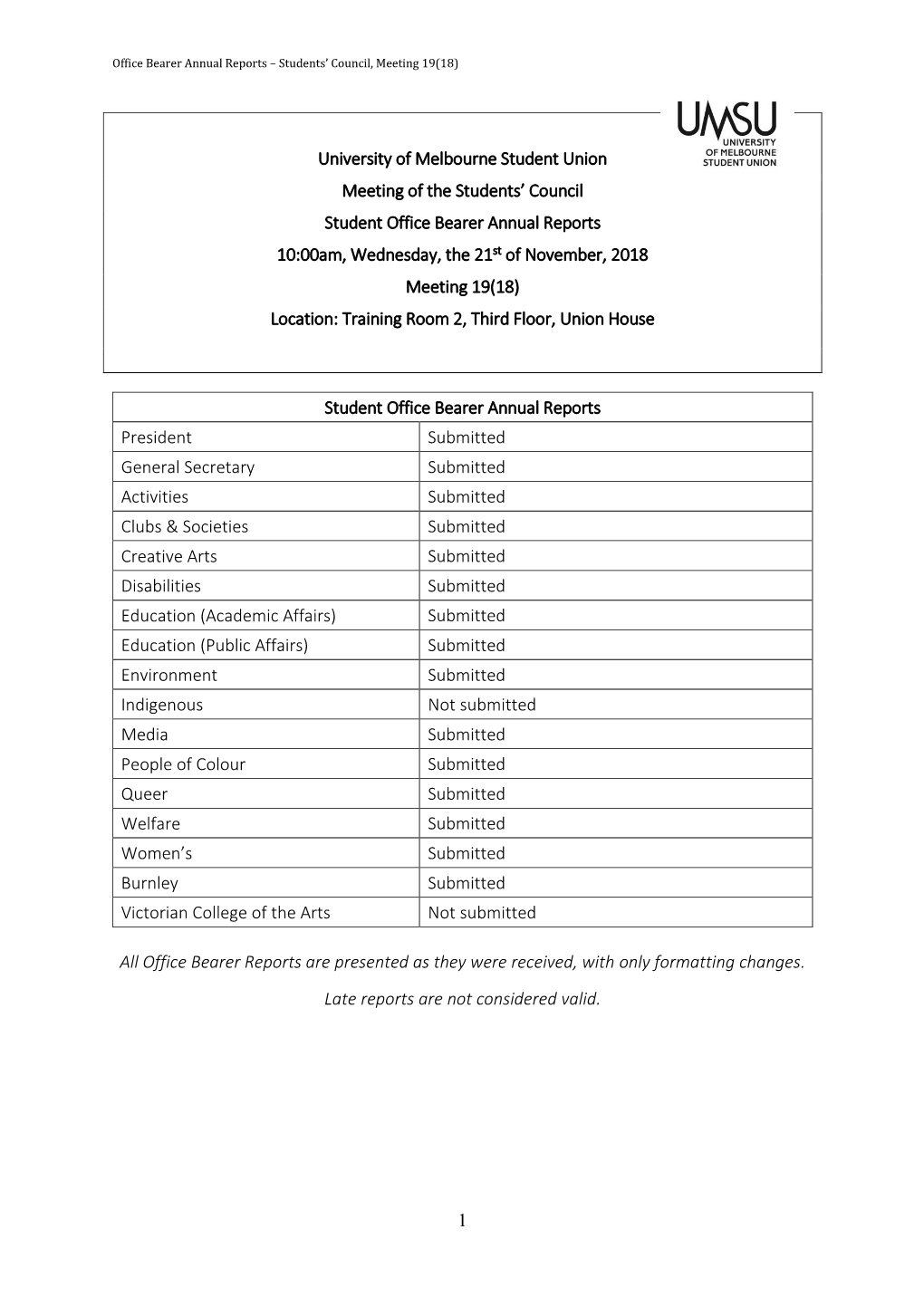 1 University of Melbourne Student Union Meeting of the Students' Council Student Office Bearer Annual Reports 10:00Am, Wednesd