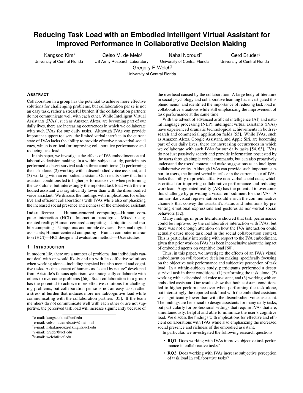 Reducing Task Load with an Embodied Intelligent Virtual Assistant for Improved Performance in Collaborative Decision Making