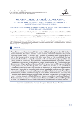Parasite Fauna of Paranthias Colonus (Valenciennes, 1846) from El Sargento, Baja California Sur, Mexico