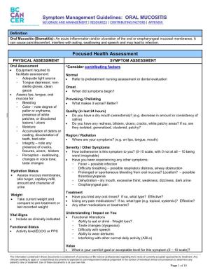 Symptom Management Guidelines: ORAL MUCOSITIS Focused Health Assessment