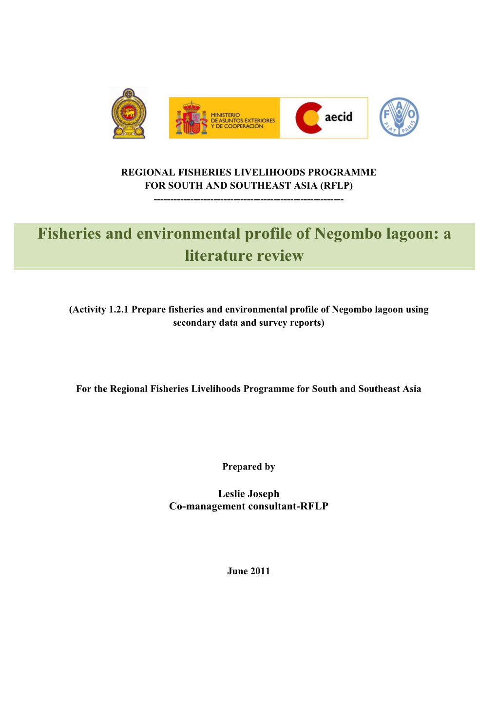 Fisheries and Environmental Profile of Negombo Estuary