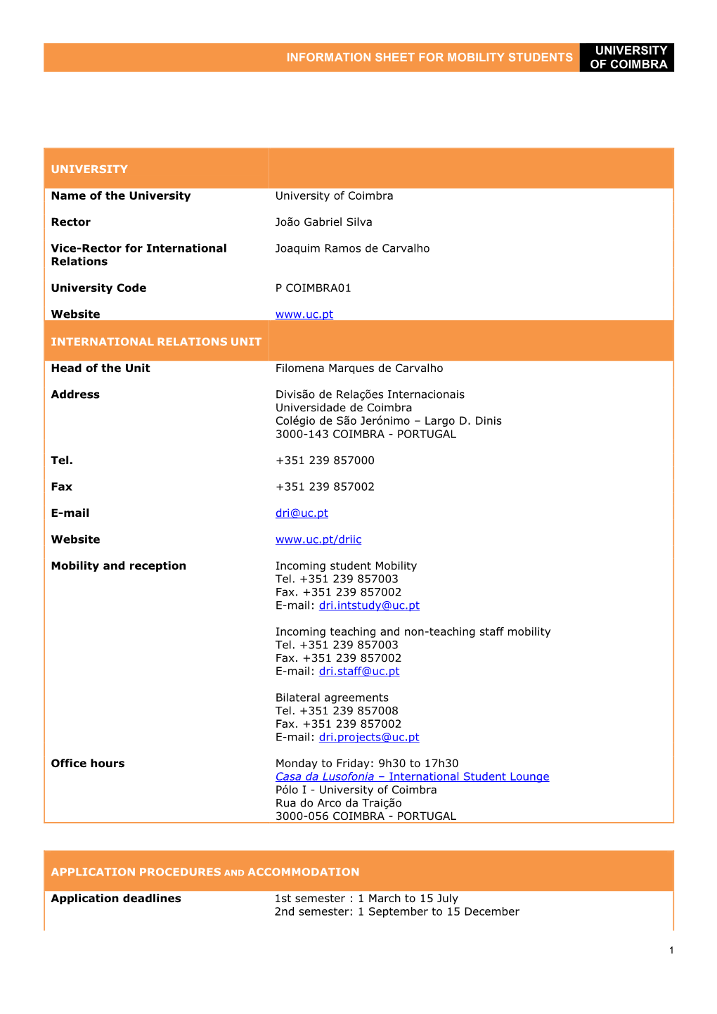 Information Sheet for Mobility Students University of Coimbra