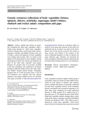 Genetic Resources Collections of Leafy Vegetables (Lettuce, Spinach, Chicory, Artichoke, Asparagus, Lamb's Lettuce, Rhubarb An