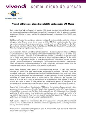 Vivendi Et Universal Music Group (UMG) Vont Acquérir EMI Music