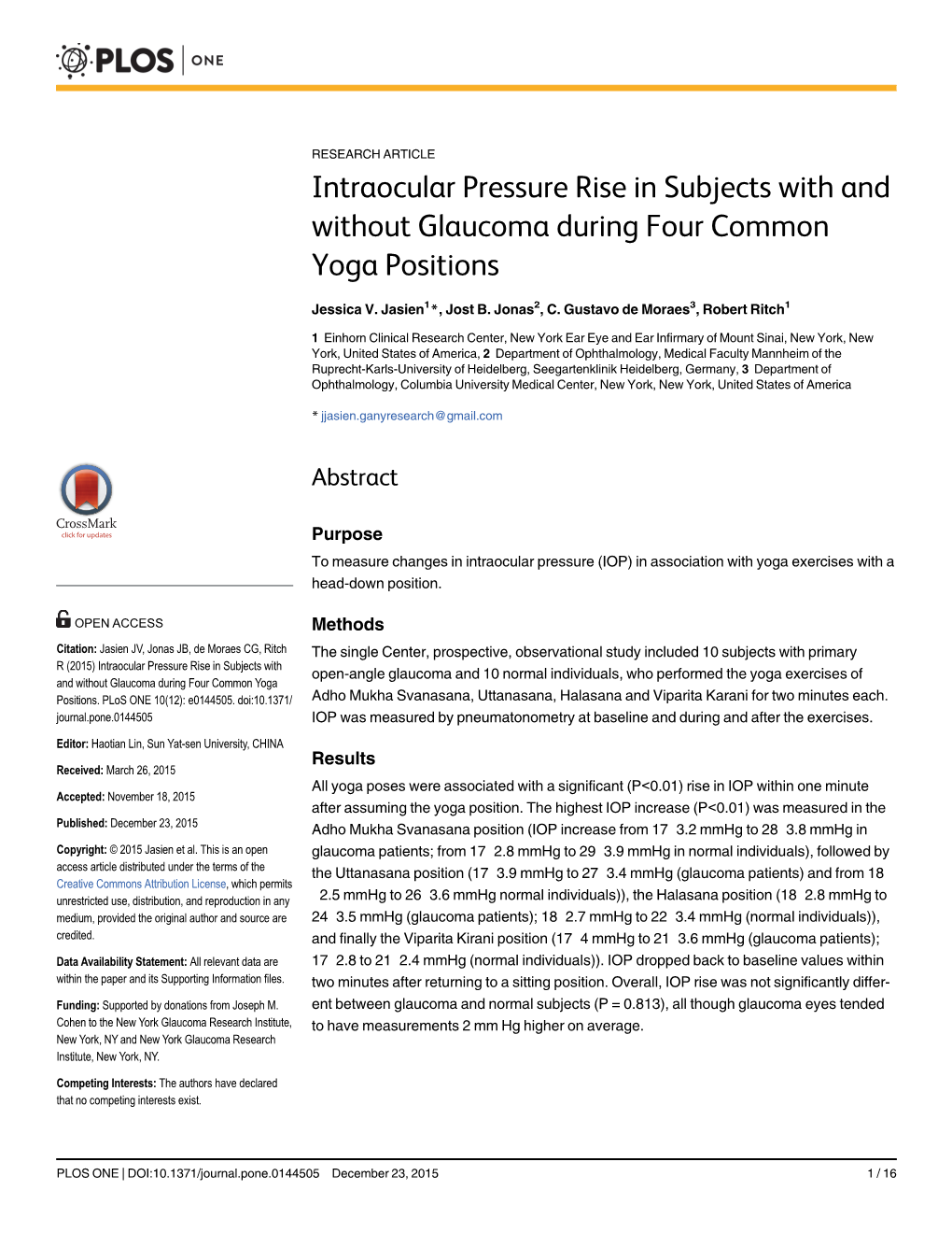 Intraocular Pressure Rise in Subjects with and Without Glaucoma During Four Common Yoga Positions