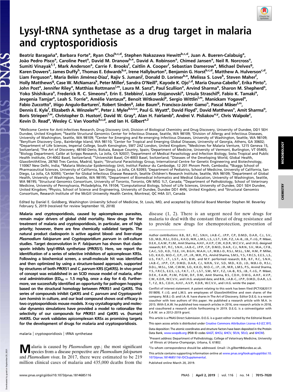 Lysyl-Trna Synthetase As a Drug Target in Malaria and Cryptosporidiosis